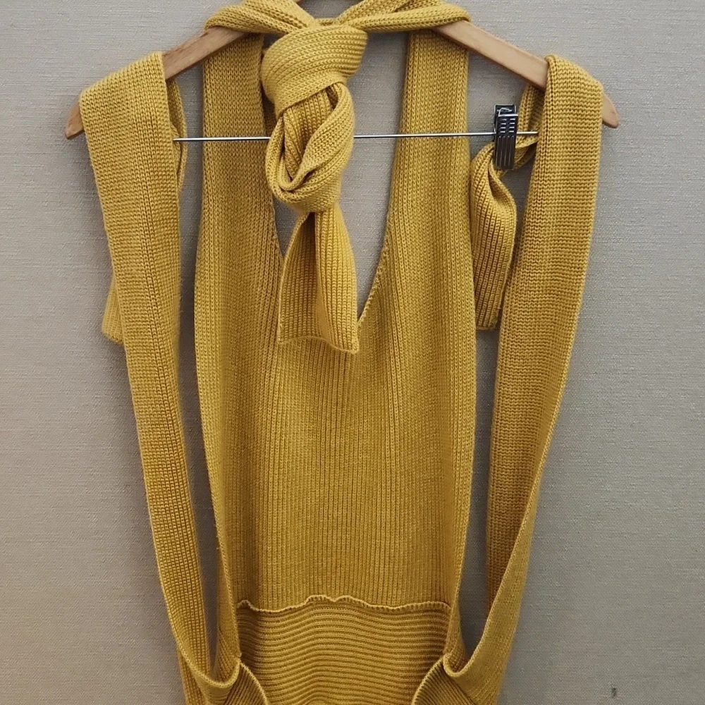 Free People Mustard Yellow Knit Bow Strap Dress